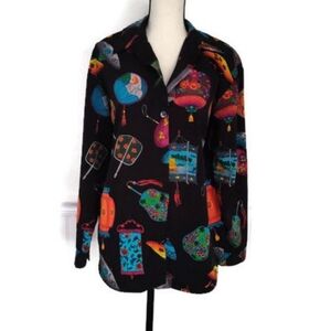 Vintage Susan Graver Japanese Print Button Down Shirt Lanterns Parasol Fan Print